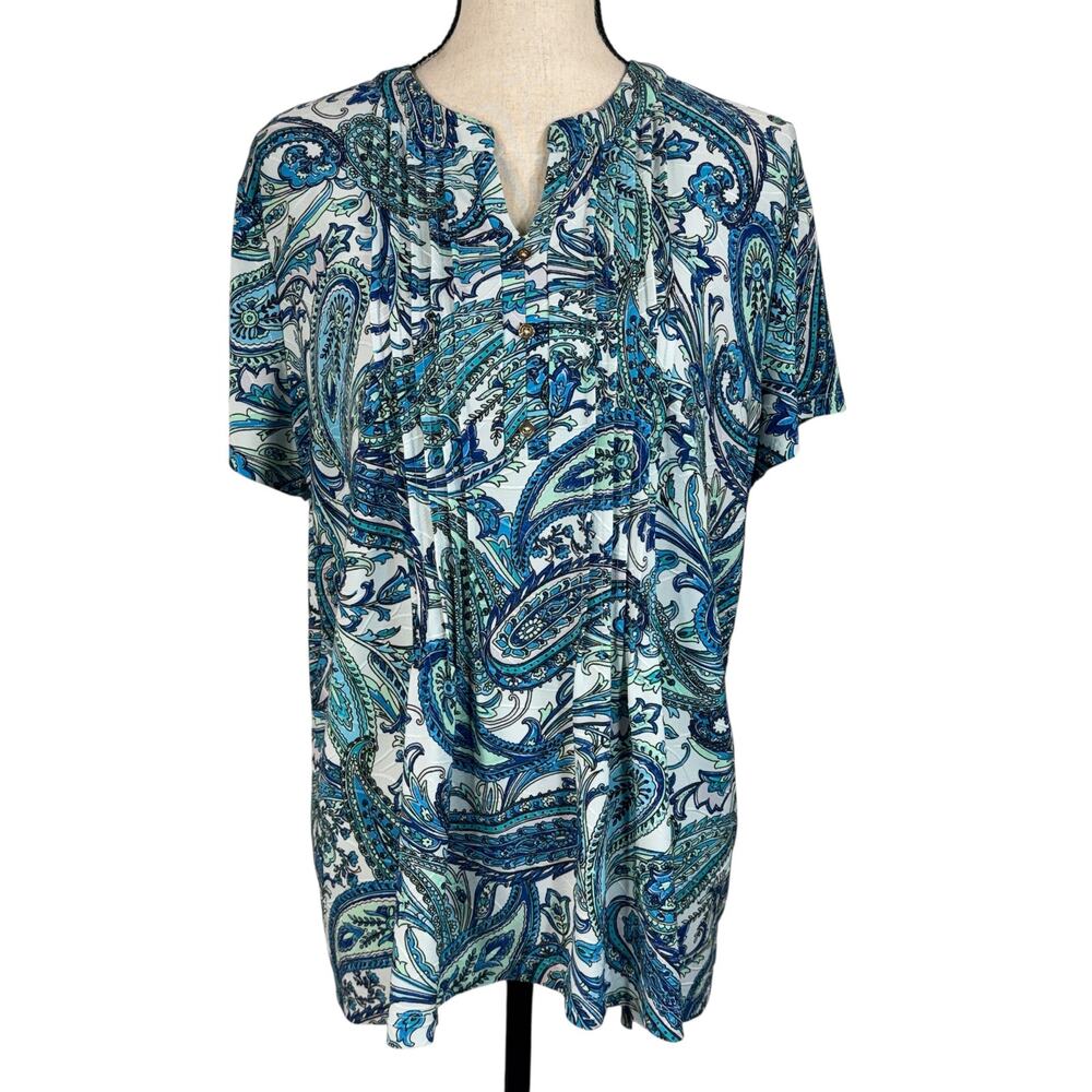 Croft & Barrow X-Large Jacquard Top Paisley Stretch Short Sleeves Pintuck Pleats